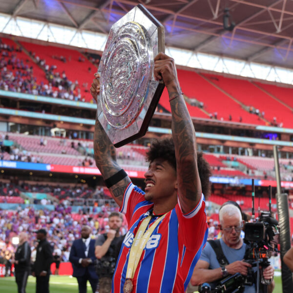 Crystal Palace defender Chris Richards holds the Community Shield.