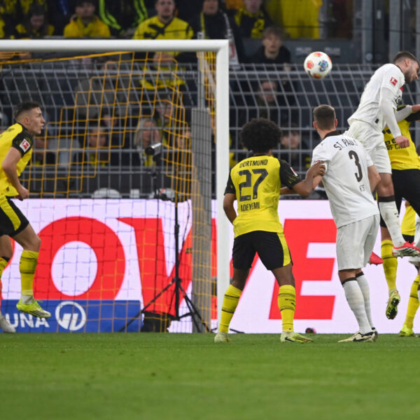 James Sands scoring for St Pauli at Borussia Dortmund.
