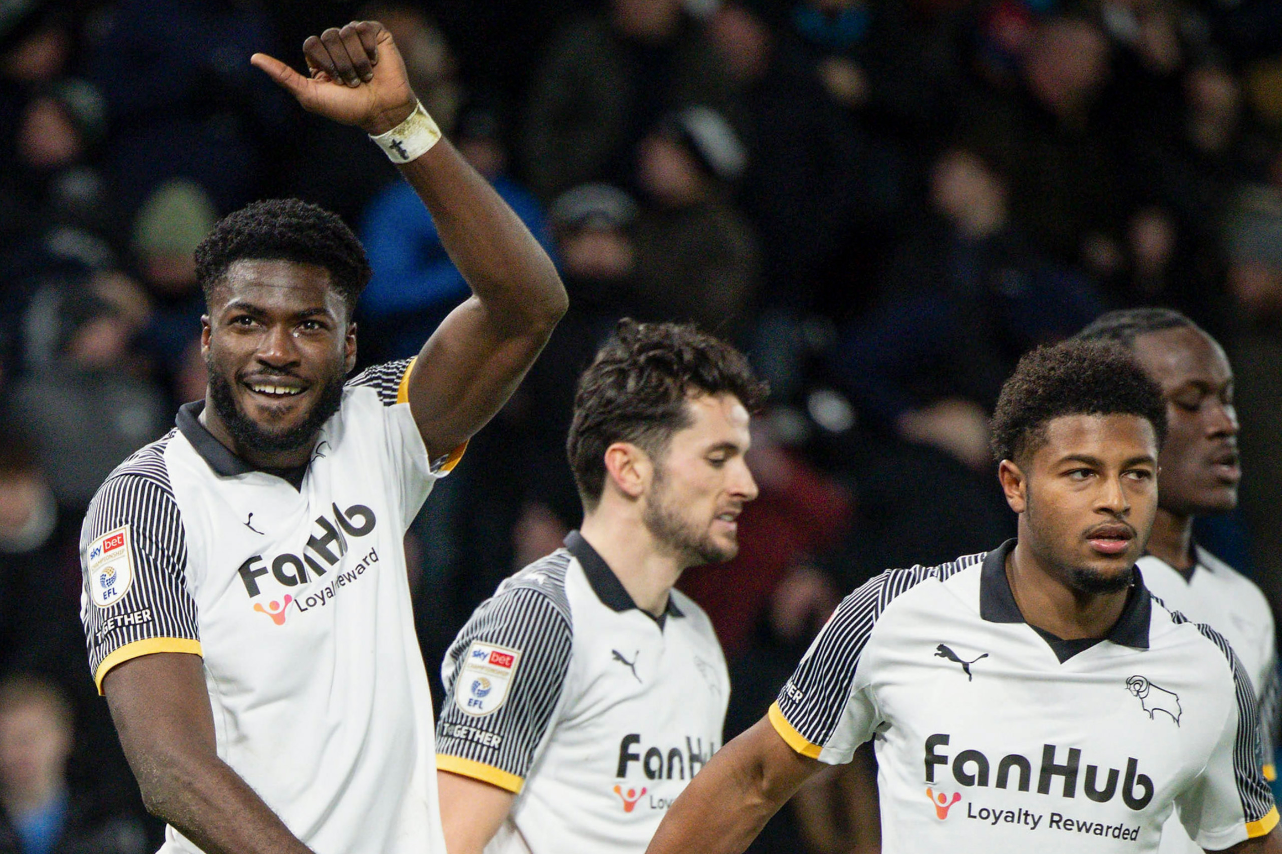 Derby County celebrates Patrick Agyemang's goal.