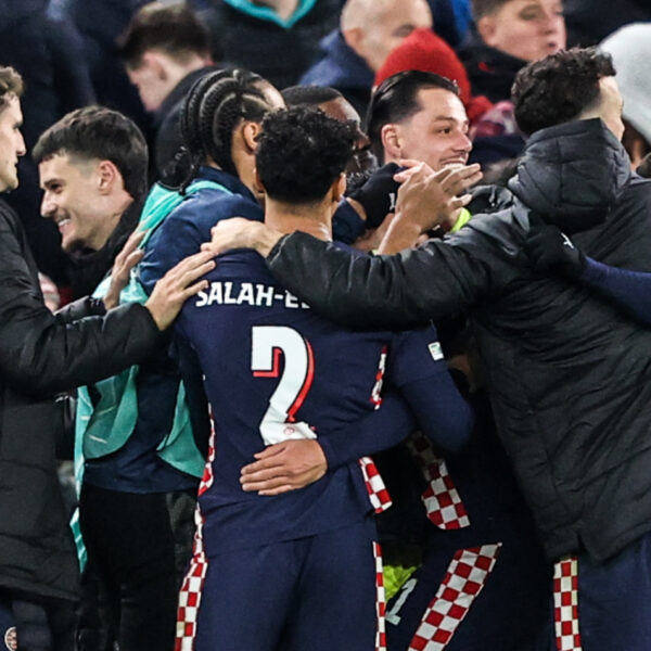 PSV celebrates at Liverpool in the Champions League.